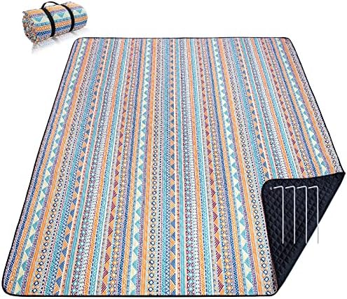 PY SUPER MODE Picnic Blankets Extra Large, Waterproof Foldable Outdoor Beach Blanket Oversized 83x79” Sandproof, 3-Layer Picnic Mat for Camping, Hiking, Travel, Park, Concerts(Orange Boho)