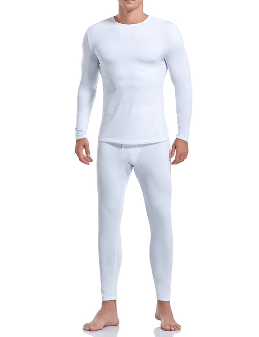 Coreal Mens Underwear Soft Thermal Wear for Men, Crew Neck Long Johns Base Layer with Fleece Lined Top & Bottom Set White Small