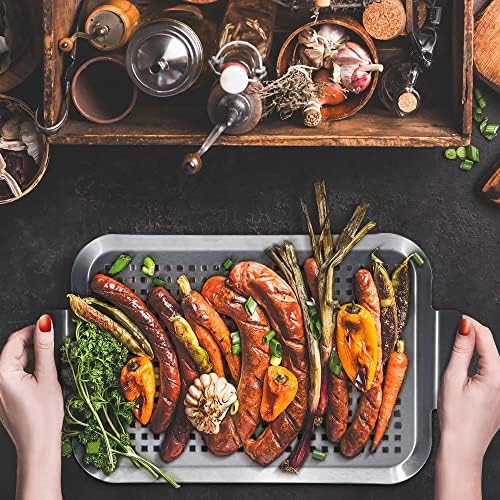 Grill Pan Set of 2, BBQ Grill Topper for Outdoor Grill, Stainless Steel Grilling Baskets with Holes and Handles, Perforated Food Tray Barbecue Accessories for Vegetable, Fish, Meat, Seafood