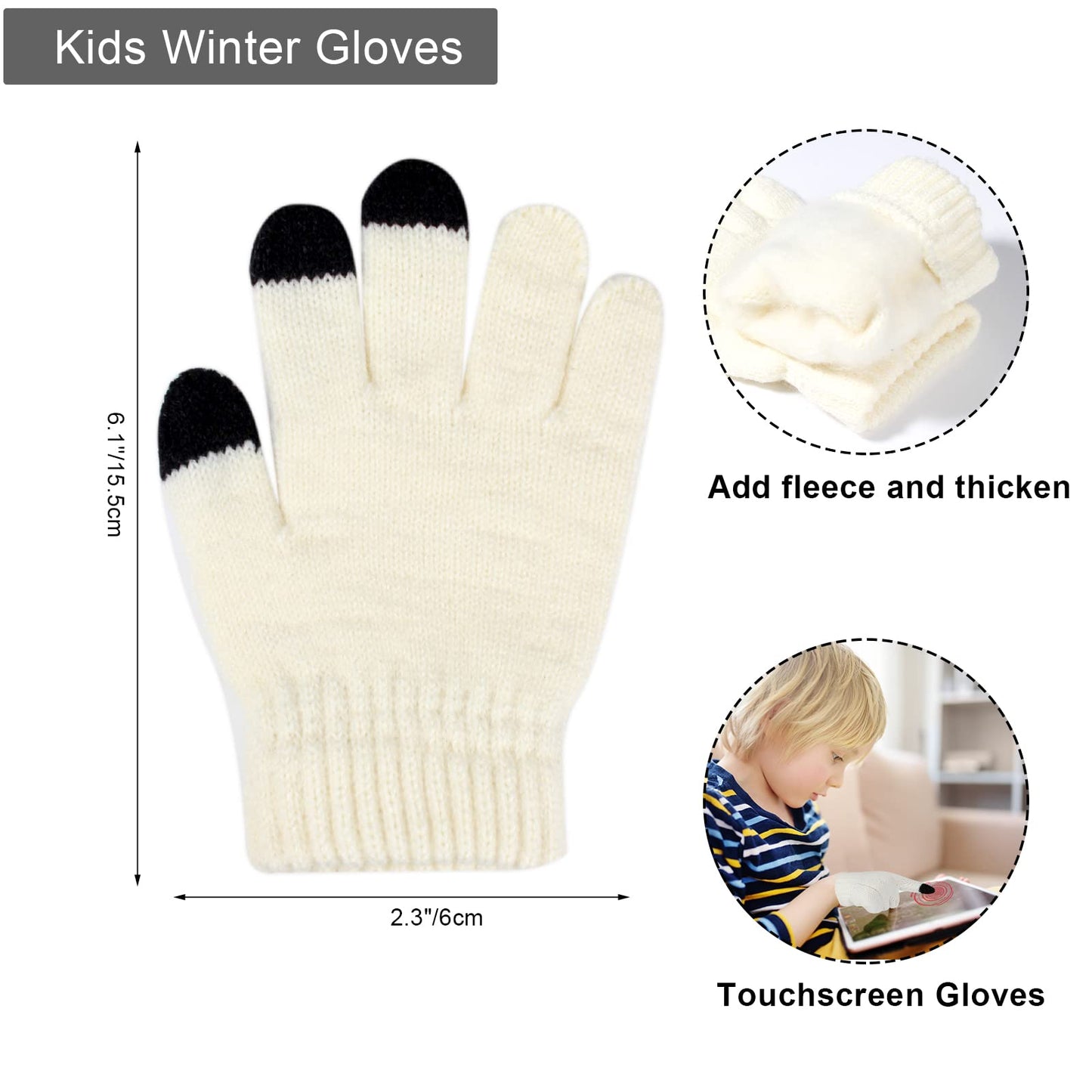 Hicdaw 3PCS Kids Winter Hat Glove Scarf Sets, Toddler Gloves Neck Warmer Baby Winter Hat Toddler Gloves Scarf Set for Boys Girls, White