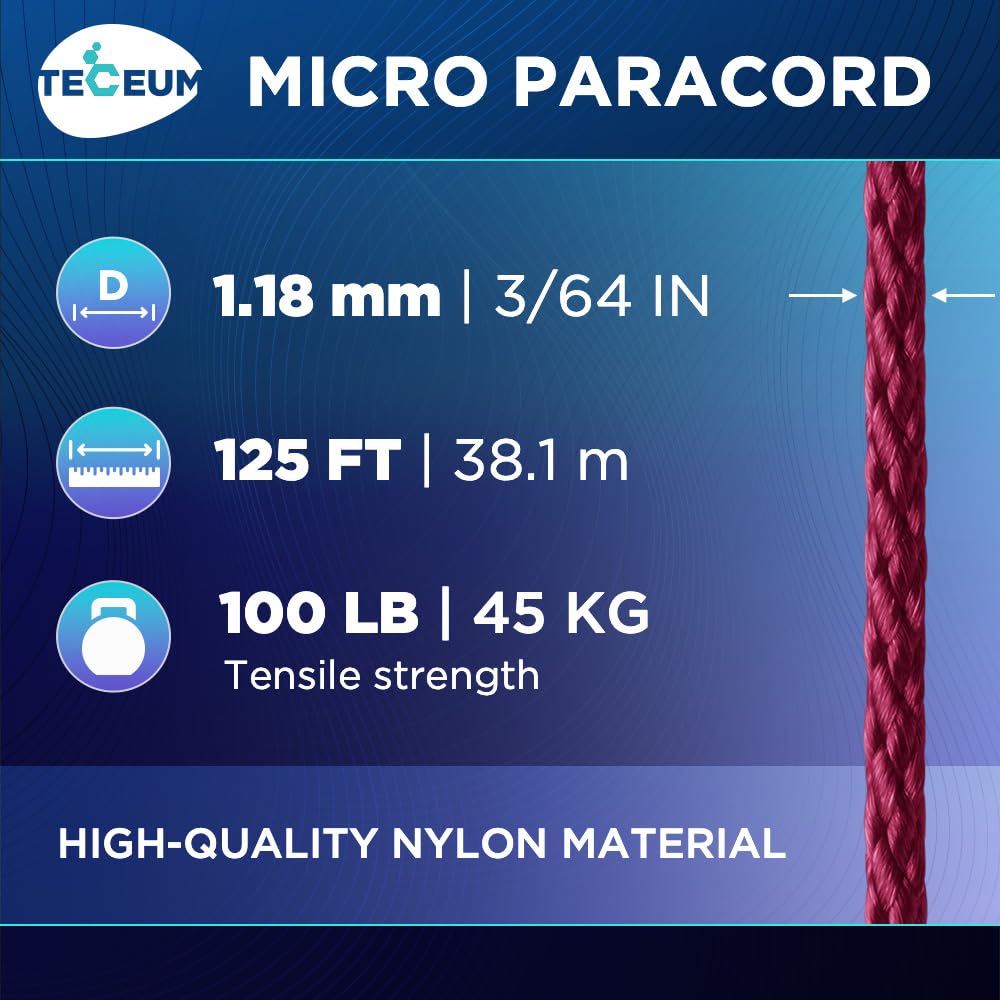 TECEUM Micro Paracord – Maroon – 1.18 mm x 125 ft – Micro Utility Cord – Thin Braided Paracord Rope Nylon Polyester – Wind Chime Replacement – Survival Strong String 019с