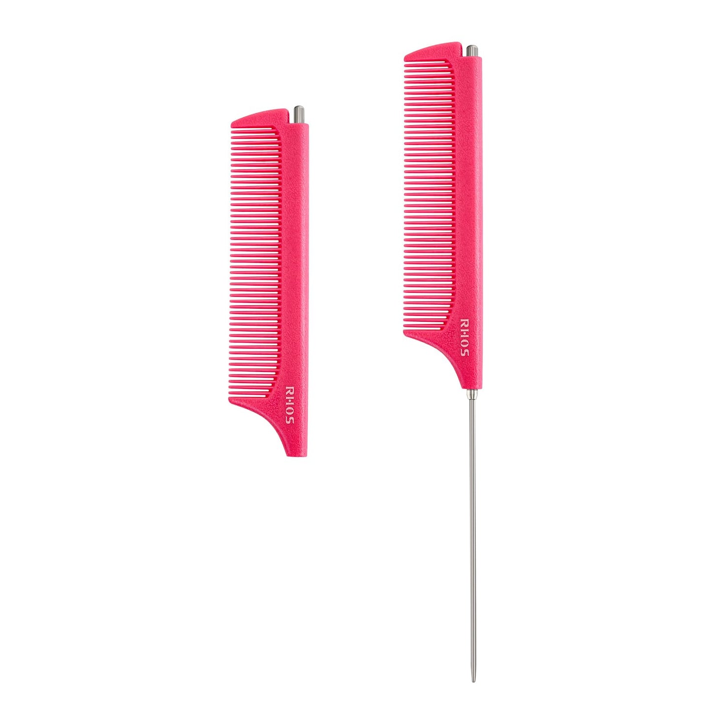 RHOS Retractable Fine Tooth Comb for Hair Parting, Styling, Cutting and Braiding - Carbon and Stainless Steel Pin Tail Comb (Pink)