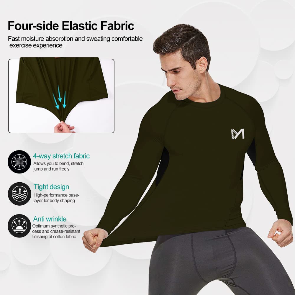 MEETYOO Men's Compression Long Sleeve Athletic Workout Shirt, Green, X-Large