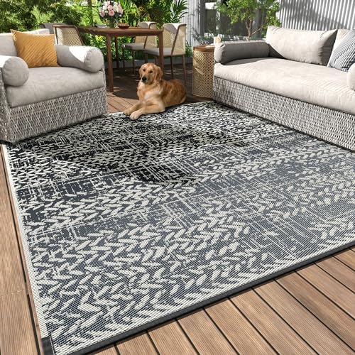 MontVoo Outdoor Rug Waterproof-Patio Rug Mat 5x8 Outdoor Carpet Reversible RV Camping Picnic Plastic Straw Rug Outside Outdoor Area Rug for Balcony Deck Backyard Patio Decor Boho Modern Abstract