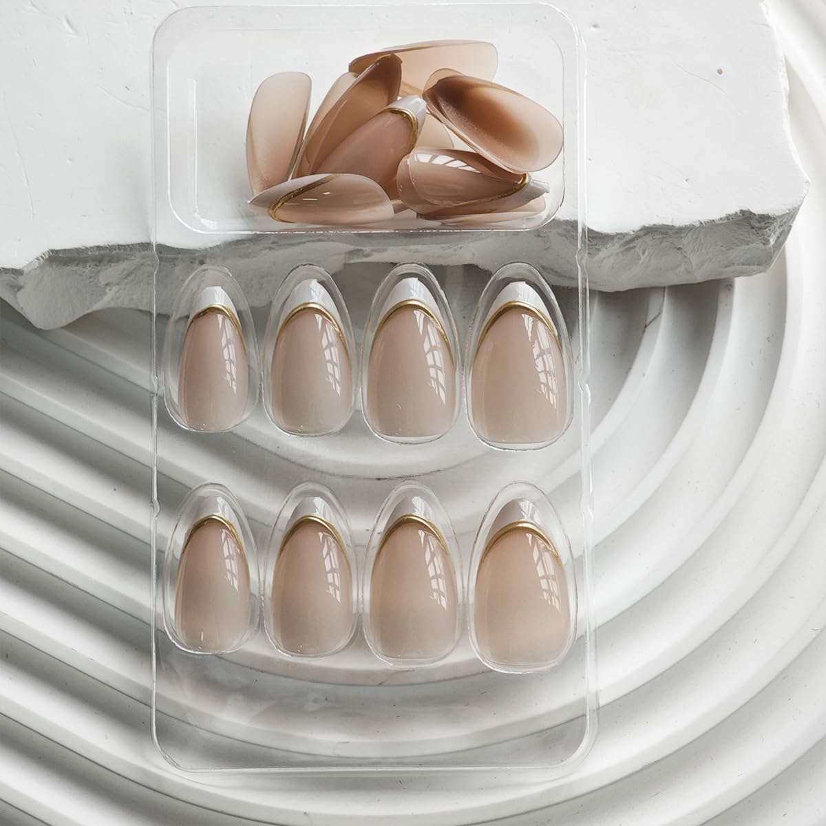 White French Tip Press On Nails - Medium Almond Shape, Nude Glossy Finish with 3D Gold Stripes Design, 24pcs Full Cover Stick On False Nails for Women's Manicure