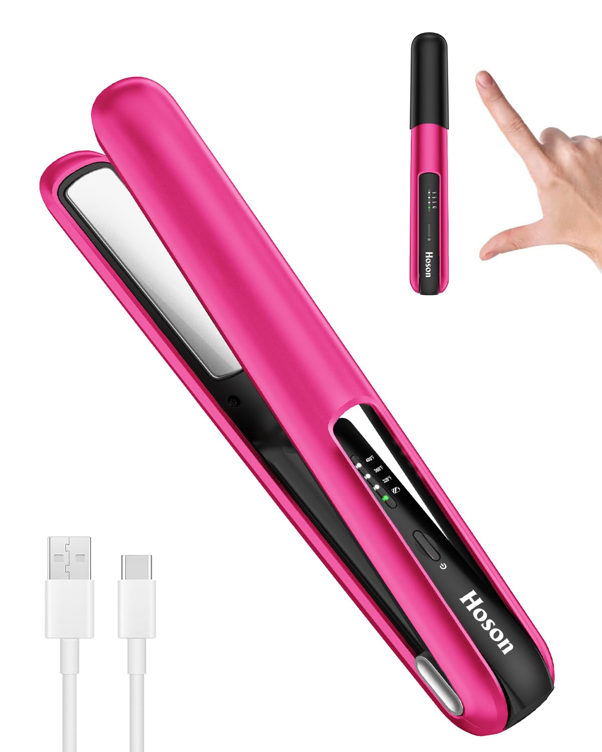 Hoson Cordless Hair Straightener,Portable Mini Flat Iron Travel for Bangs,Short Hair, Rechargeable Curling Iron and Curler 2 in 1,Hot Pink,for Touch Ups