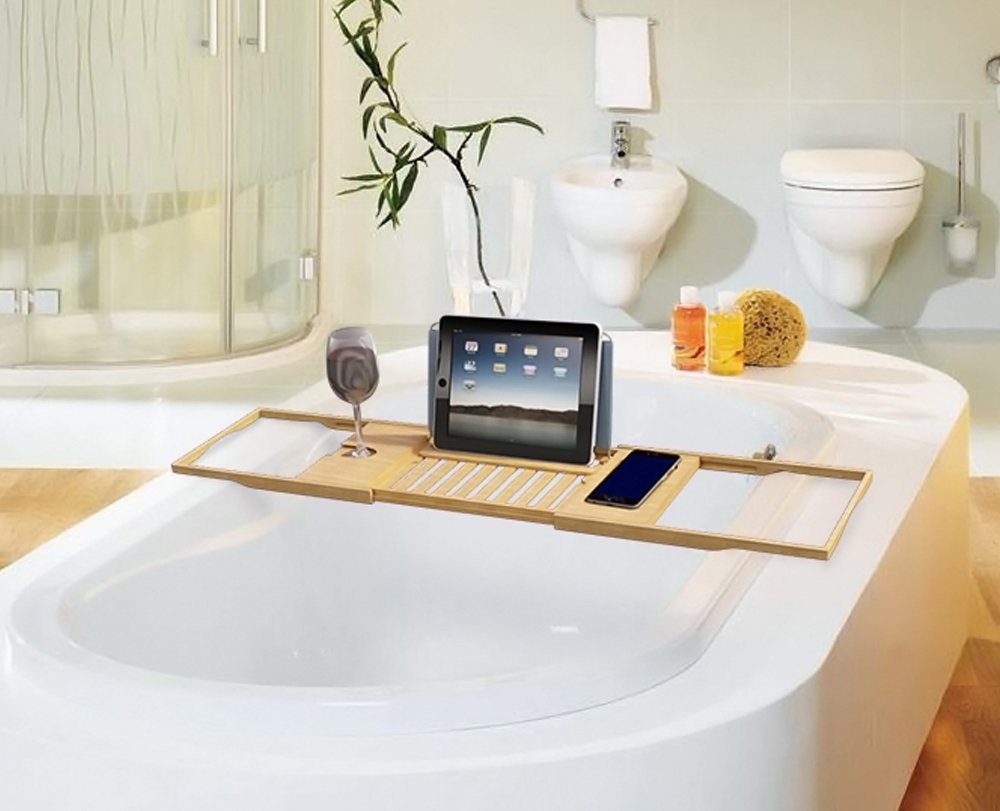 Bamboo Bathtub Tray - Wood Bath Caddy with Book, Phone, or Tablet Rest, Cup Holder, and Extended Sides for Bath Accessories by Home-Complete (Natural)