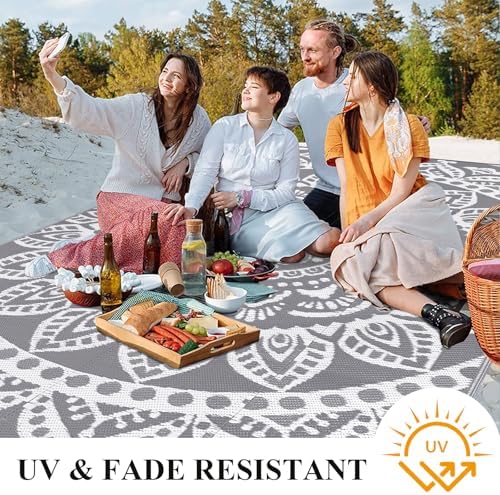 Bsmathom Waterproof Outdoor Rug 6'x9' Reversible Boho Plastic Straw Patio Deck Camping Rugs, Indoor Outdoor Portable RV Mat Clearance Carpet for Outside, Porch, Balcony, Backyard, Beach, Pool,Grey