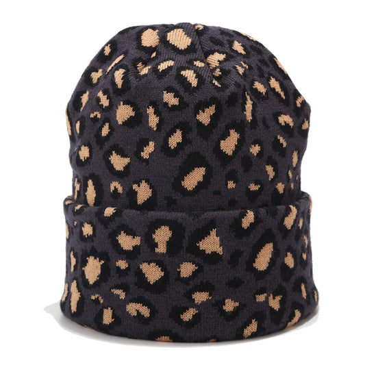 Leopard Print Beanie Hat Trendy Animal Pattern Skull Cap 2 Layers Cuffed Hats Winter Thick Knitted Watch Caps (Dark Gray)