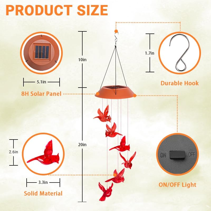 Cardinal Solar Wind Chimes, Solar Cardinal Bird Wind Chimes Outside Moms Gifts Unique for Women Red Bird Outdoor Decor Garden for Grandma mom Memorial