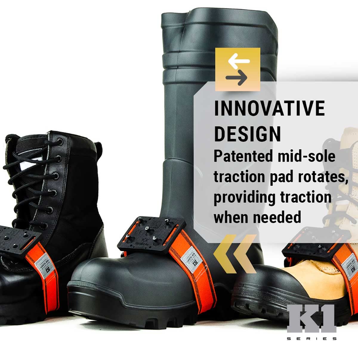K1 Mid-Sole Ice Cleats - Rotatable Traction Aids For Shoes/Boots - Indoor/Outdoor, Climbing, Driving - Low Profile - Orange