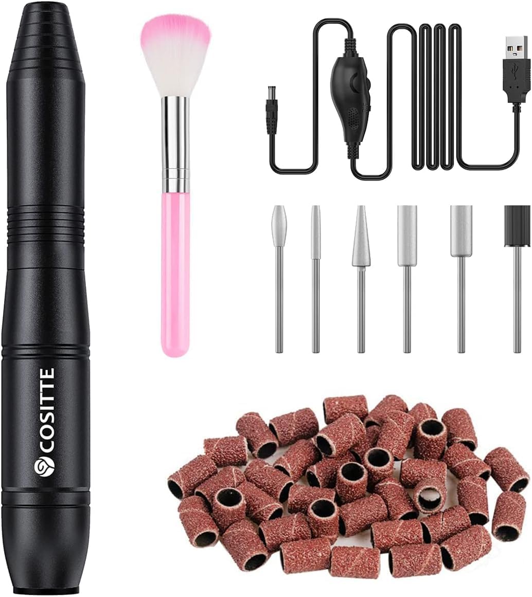 COSITTE Electric Nail Drill, USB Electric Nail Drill Machine for Acrylic Nails, Portable Electrical Nail File Polishing Tool Manicure Pedicure Efile Nail Supplies for Home and Salon Use Black