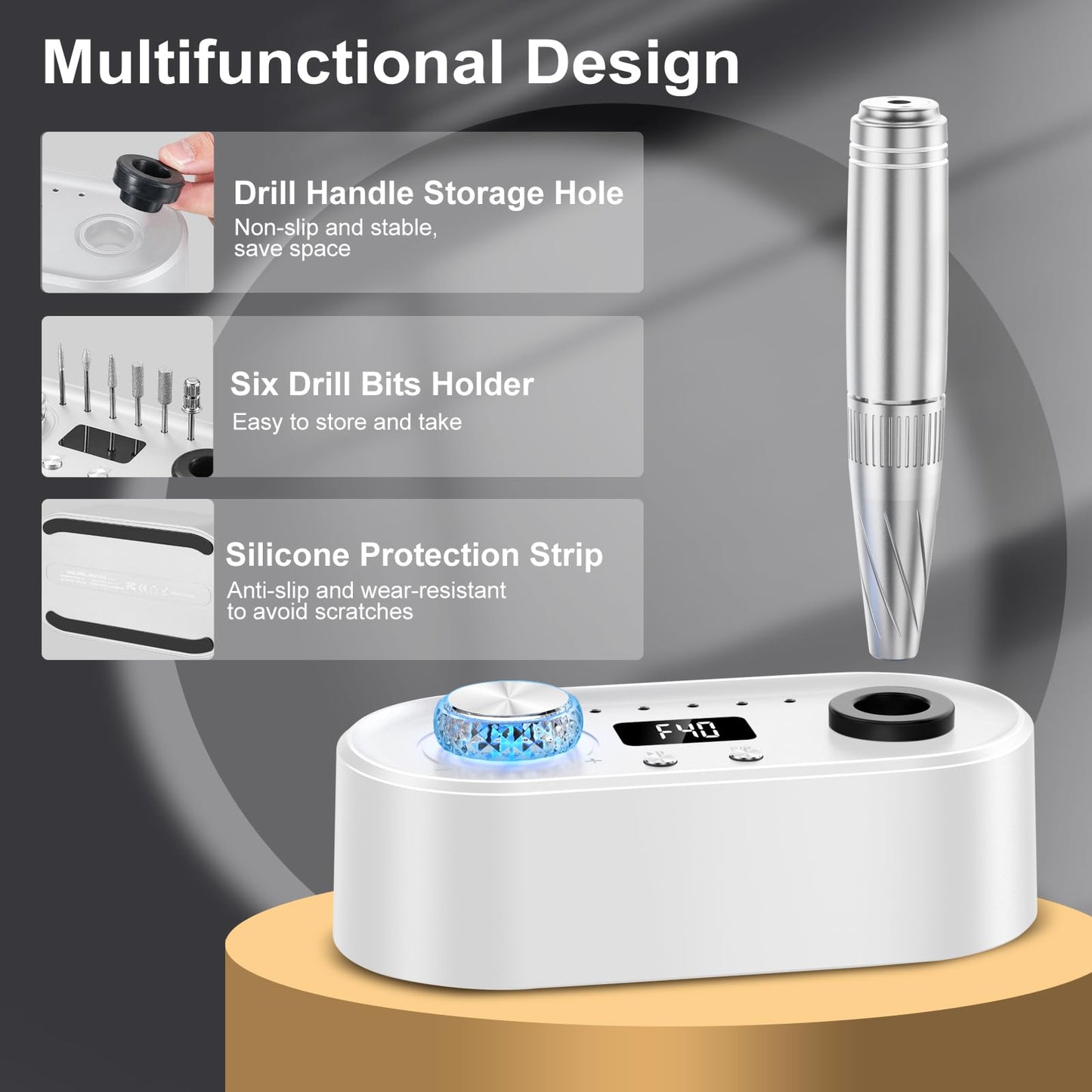 Electric Nail Drill Machine, 40000RPM Professional E File Nail Drill Kit for Gel Acrylic Nails,High Speed Low Vibration Low Heat Nail Grinding with LED Light, 7 Bits, F/R Rotation, LCD Screen (White)