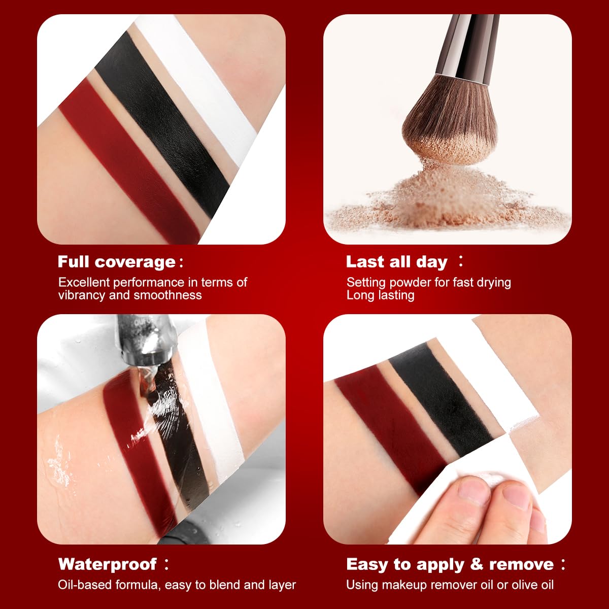 Black White Red Clown Face Paint Makeup, DE'LANCI Halloween Makeup Kit Professional White Black Body Paint, Waterproof Joker Sfx Pennywise Face Paint Makeup Zombie Vampire Skeleton Costume