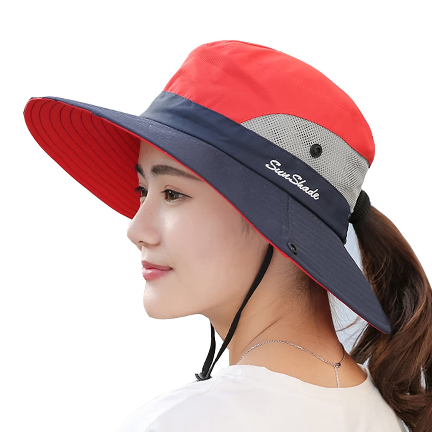 PFFY Ponytail Sun Bucket Hat for Women Wide Brim UPF 50+ Bucket Fishing & Beach Hats Red/Blue