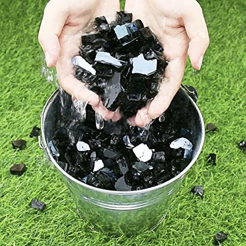GRISUN Onyx Black Fire Glass for Fire Pit, 1/2 Inch High Luster Reflective Tempered Glass Rocks for Natural or Propane Fireplace, Safe for Outdoors and Indoors Firepit Glass, 10 Pounds