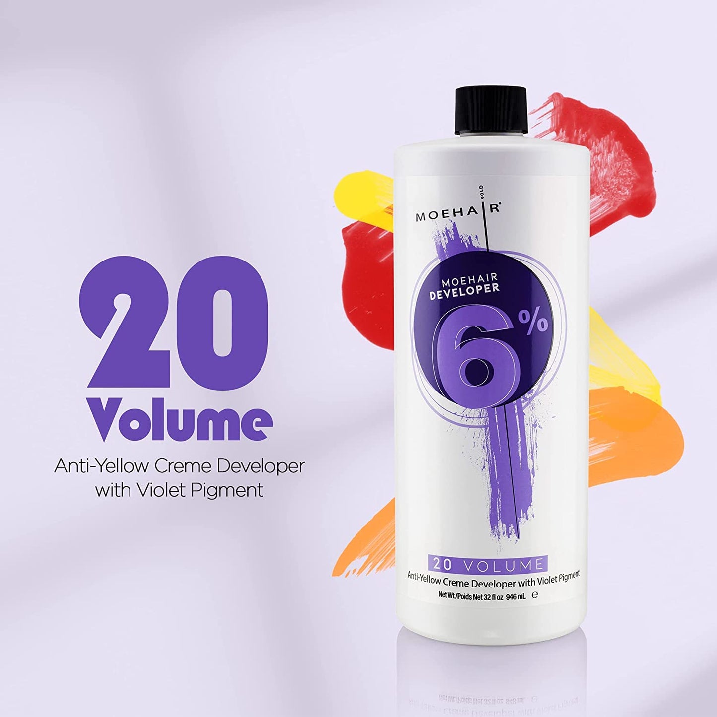 Moehair Anti Yellow Hair Color Developer Creme 20 volume 6% hydrogen peroxide with Violet Pigment, Professional developer for hair coloring, bleach for brighter and lighter tints. 32 Fl Oz