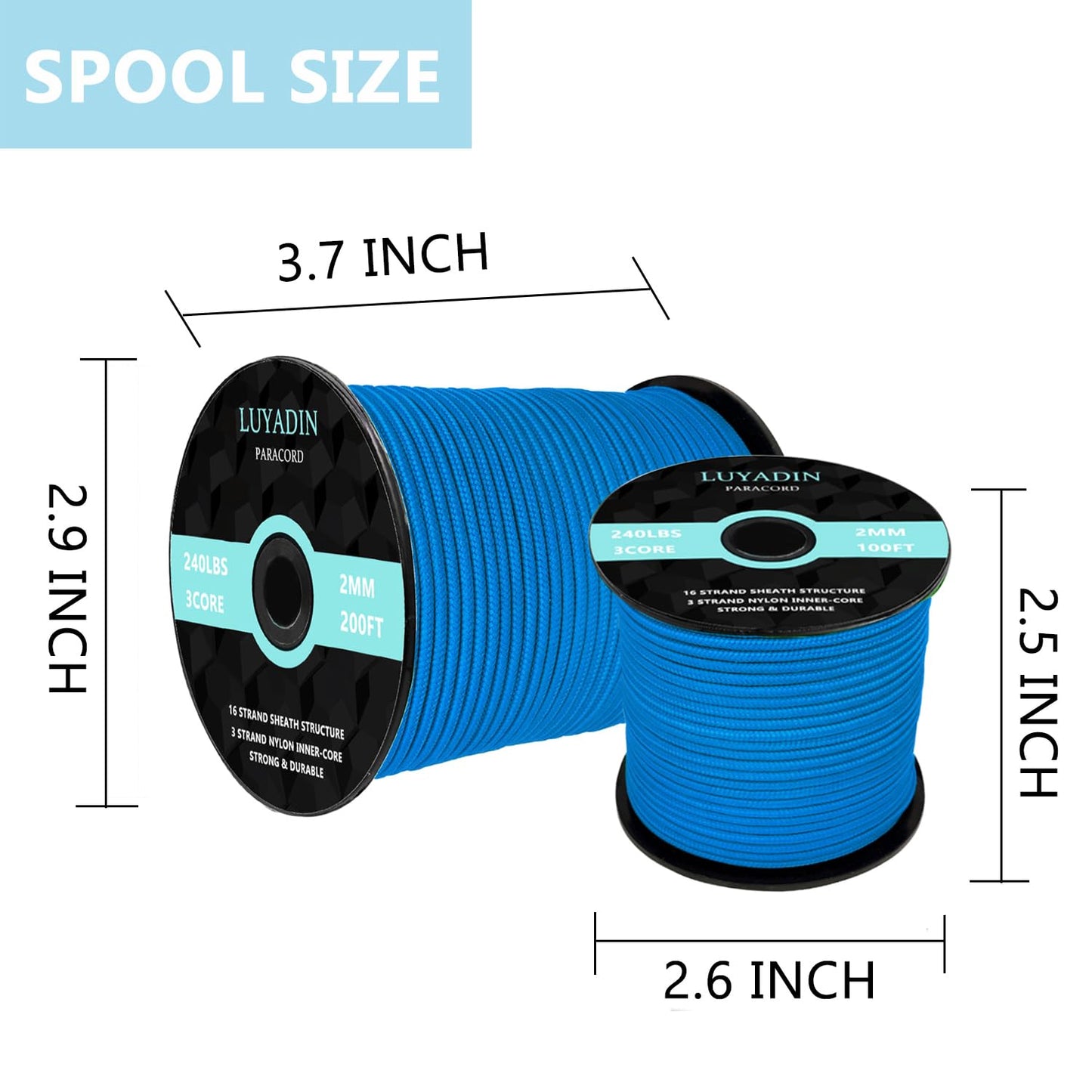 LUYADIN Paracord 240lb - Diameter 2mm Micro Utility Cord -3 Strand Parachute Spool Cord - 100ft 200ft,Paracord for Camping,Hiking,Fishing,Outdoor and DIY