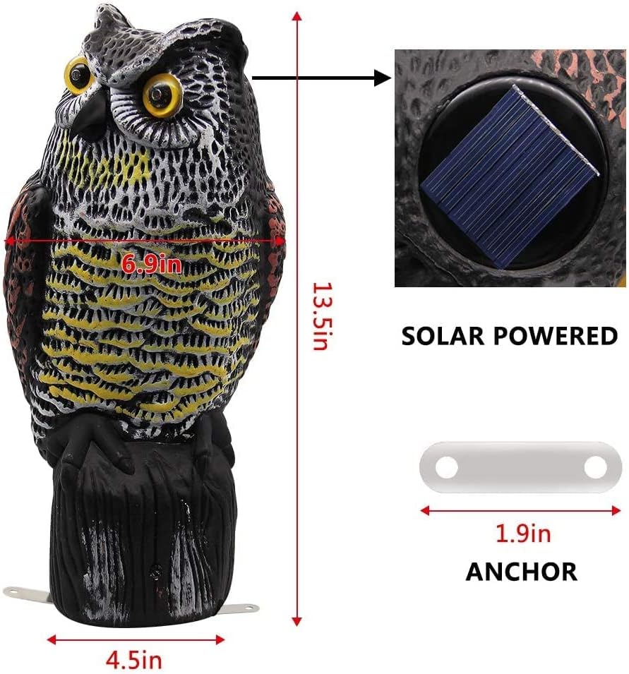 Hausse Solar Fake Horned Owl Statue, Solar Powered Halloween Motion Activated Scarecrow Deterrent Owl with Red Eyes, Scary Sound Scare Birds Away for Garden Yard Outdoor