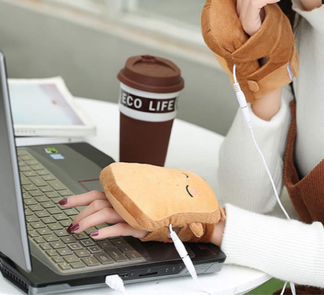 USB Hand Warmers Cute USB Heating Gloves Half Wearable Fingerless 5V USB Powered Heated Hand Warmer Gloves with Gift Box for Women and Children Winter Fashion (Brown)
