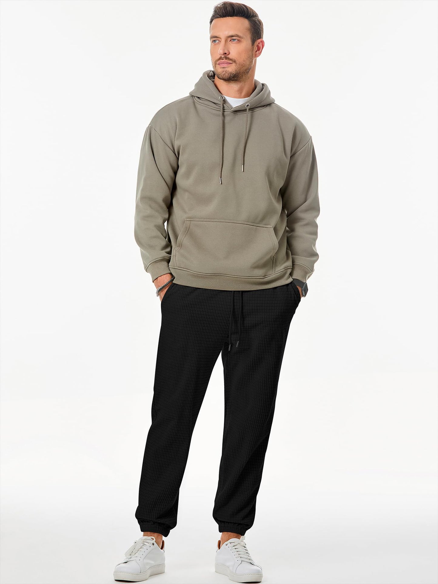 JMIERR Sweatpants for Men Casual Waffle Pants Drawstring Stretch Elastic Waist Winter Textured Tapered Joggers with Pockets, 2XL, Black