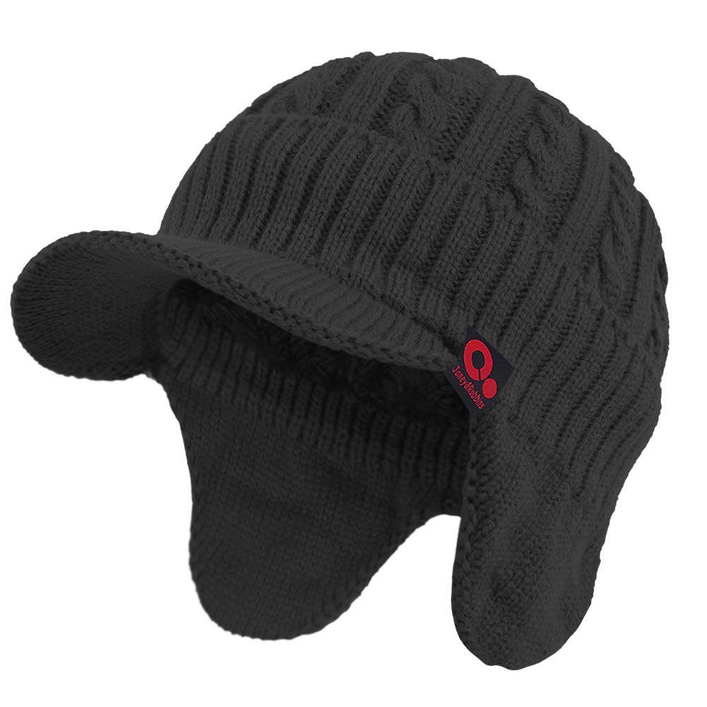 Women's Winter Cable Knitted Visor Beanie Fleece Lining Ear Flap Baseball Cap Hunting Trapper Hat with Billed (Black), One Size-Medium