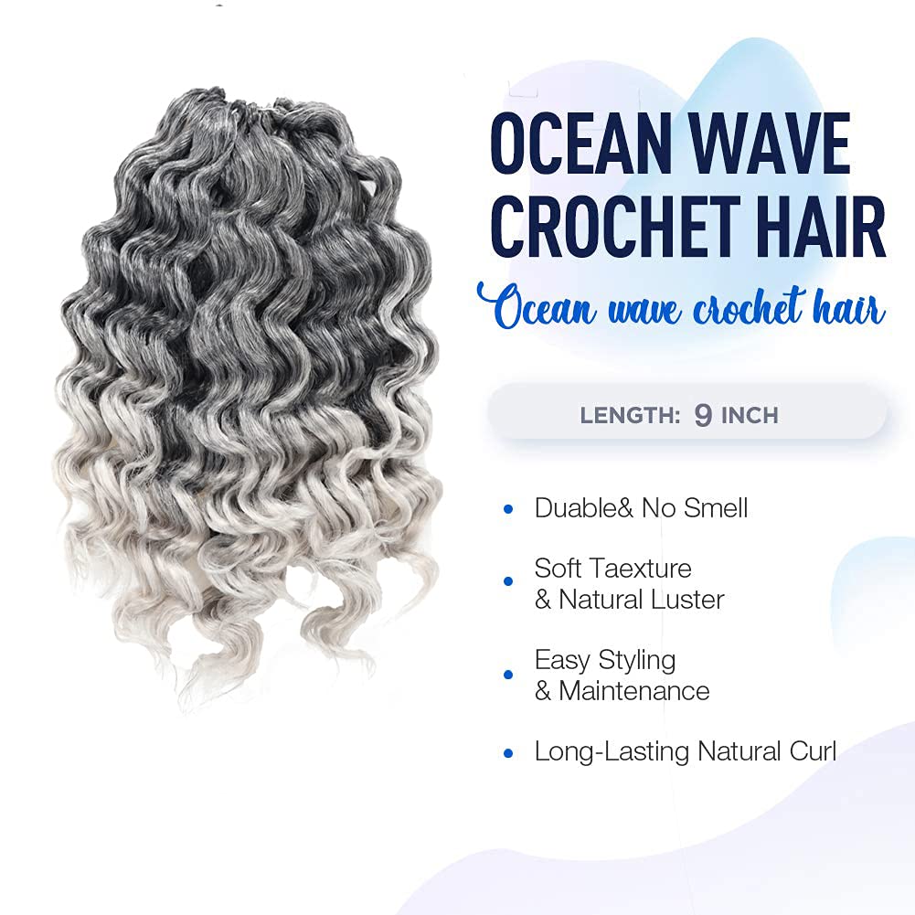 ToyoTree Ocean Wave Crochet Hair - 9 Inch 8 Packs Ombre Gray Short Curly Deep Wave Crochet Hair, Synthetic Ocean Wave Braiding Hair Extensions (9 Inch,T-Gray-8P)
