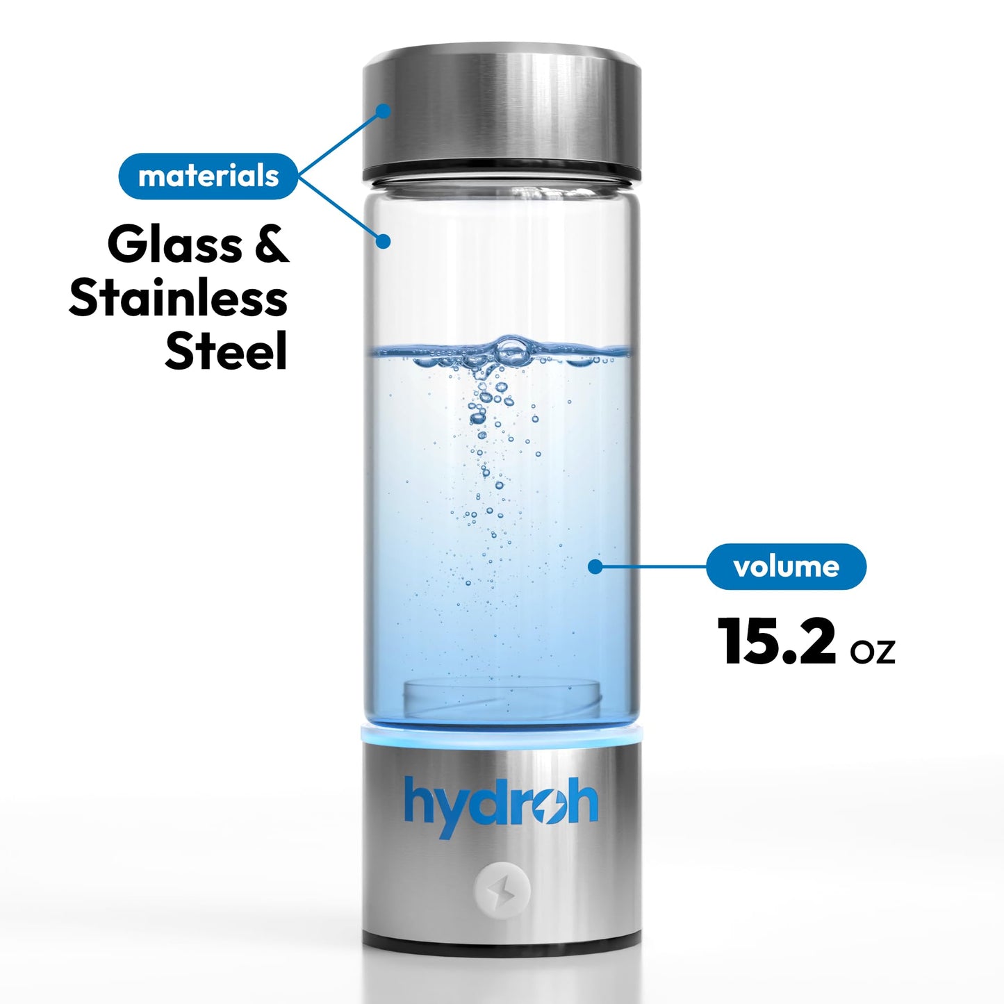 Hydroh Original Hydrogen Water Bottle 15oz, Portable Hydrogen Water Bottle 2024, Advanced Hydrogen Rich Water Maker with SPE/PEM for Home Office Fitness Travel Drinking