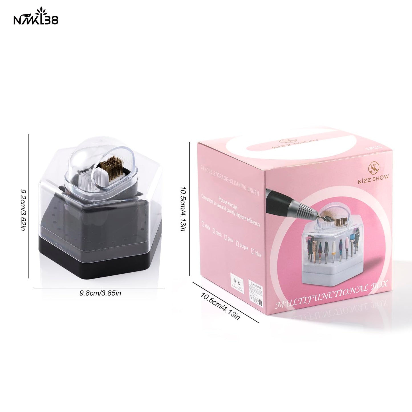 NMKL38 2 in 1 Nail Drill Bits Holder Nail Drill Bits Cleaning Brush Detachable Case 24 Holes Nail Drill Stand Display Organizer Dustproof Box for Nail Manicure Tools (Black)