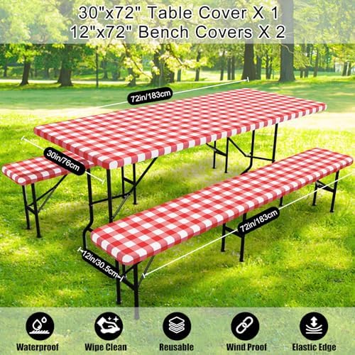 Smiry Picnic Table Cover with Bench Covers, Waterproof Elastic Fitted Tablecloths for 6 Foot Rectangle Tables, Washable Buffalo Plaid Tablecloth for Camping, Outdoor (Red & White, 30"x72")