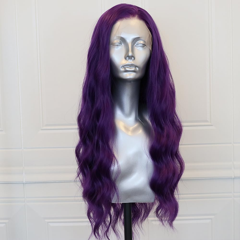 ELESTY Long Wavy Purple Synthetic Lace Front Wigs for Women Free Part Dark Purple Glueless Wig 24 inch Natural Curly Synthetic Wig Heat Resistant Fiber Hair Wigs for Daily Party Use