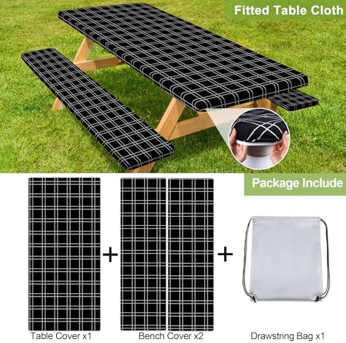Picnic Table Cover with Bench Covers Camping Essentials Waterproof Windproof Camping Tablecloth with Drawstring Bag, Fitted Rectangle Tables and Seats, 72in, Black Checkered