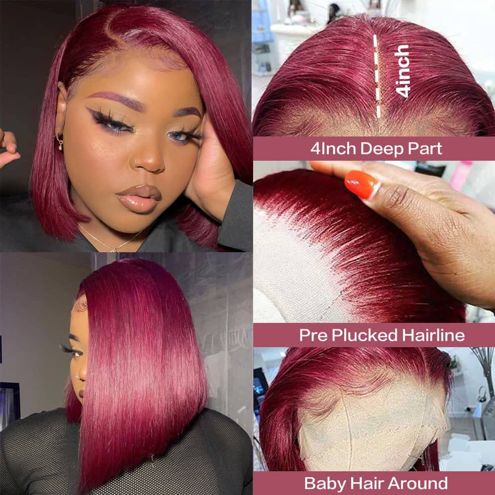 99J Burgundy Lace Front Wigs 13x4 HD Lace Frontal Glueless Straight Short Bob Wig Human Hair Bob Wigs for Black Women Human Hair Pre Plucked Natural Hairline Wine Red 12 Inch