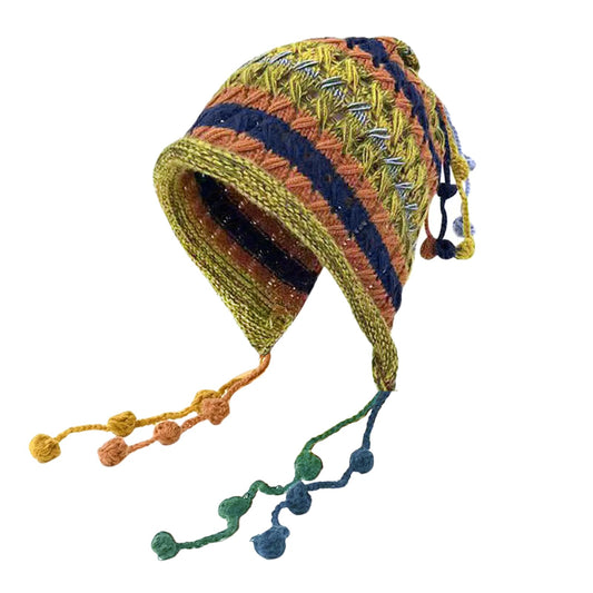 Colorful Crochet Beanie Hat for Women Ladies Knit Slouchy Beanies Ear Flaps with Cute Pom Pom Tassels Wide Brim Winter Fashion Rainbow Striped Skull Cap (Green Stripe)