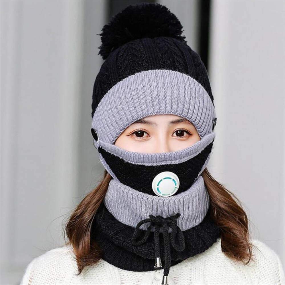3pcs/Set Fashion Women Winter Knitted Hat Thickened Woolen Cap with Warm Mask and Neck Scarf (Black2)