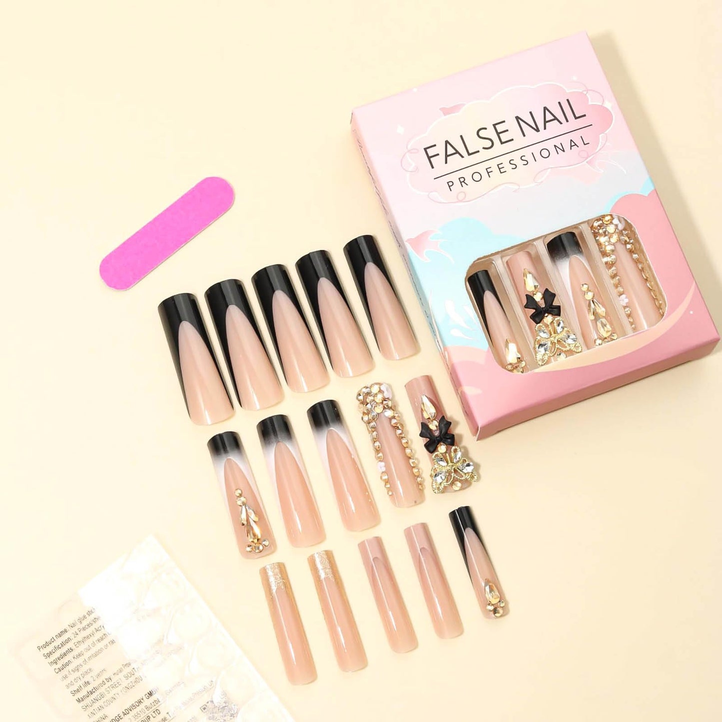 RUOKEXIN Black French Tip Fake Nails - Square False Nails with Gold 3D Butterfly Designs, Glitter Glue, Black Bow, Cute Stick On Nails for Women - 24Pcs