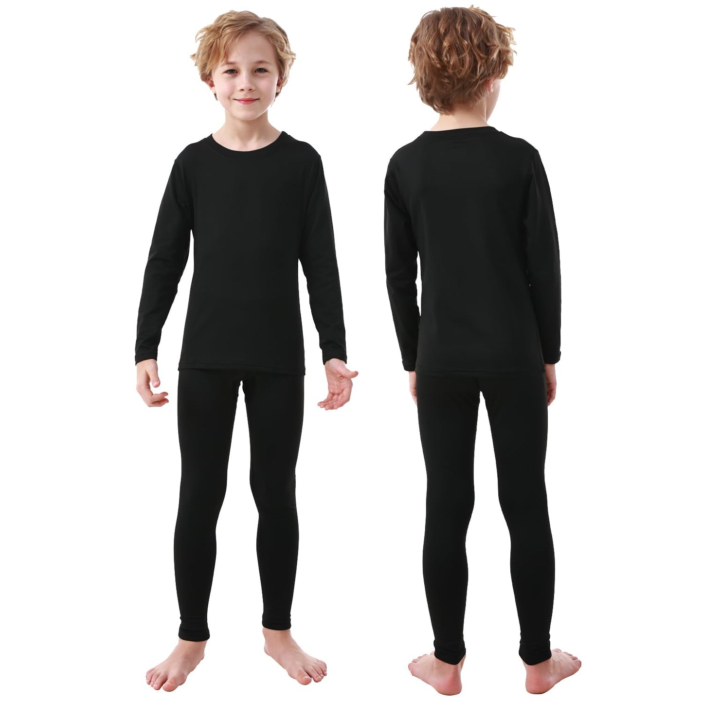 PISIQI Thermal Underwear Set for Boys Ultra Soft Fleece Lined Kids Long Johns Base Layer Thermal Top & Bottom Winter Warm Set Black