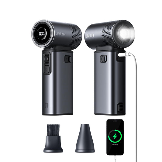 JISULIFE Portable Handheld Fan Ultra2, 9000mAh Max 25 Hrs, 5 IN 1, 100 Speed Turbo Fan Rechargeable 18W Power Bank with Flashlight, Metal Shell Multi-Function Travel Essentials Gifts for Men-Grey