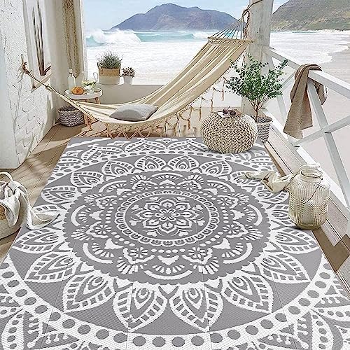 Bsmathom Waterproof Outdoor Rug 6'x9' Reversible Boho Plastic Straw Patio Deck Camping Rugs, Indoor Outdoor Portable RV Mat Clearance Carpet for Outside, Porch, Balcony, Backyard, Beach, Pool,Grey