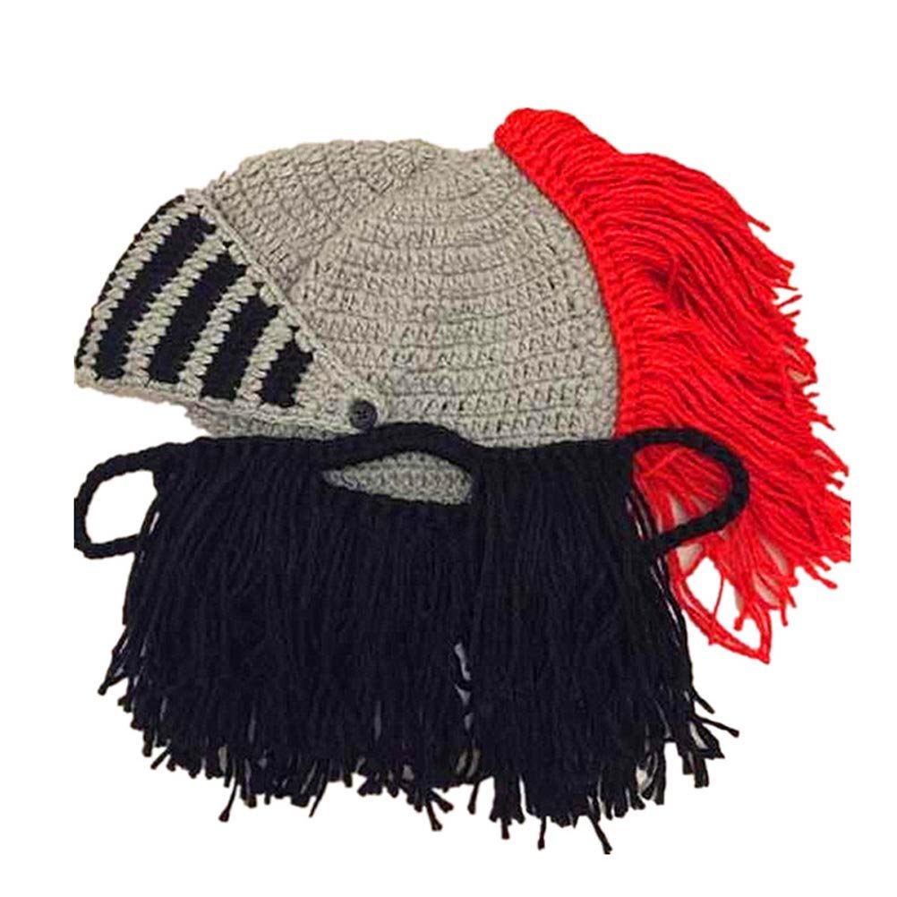BIBITIME Cosplay Roman Knight Knitted Helmet with Beard Tassel Hat Visor Beanie Winter Ski Sports Warmer Cap (Black Beard Red Tassel, One Size)