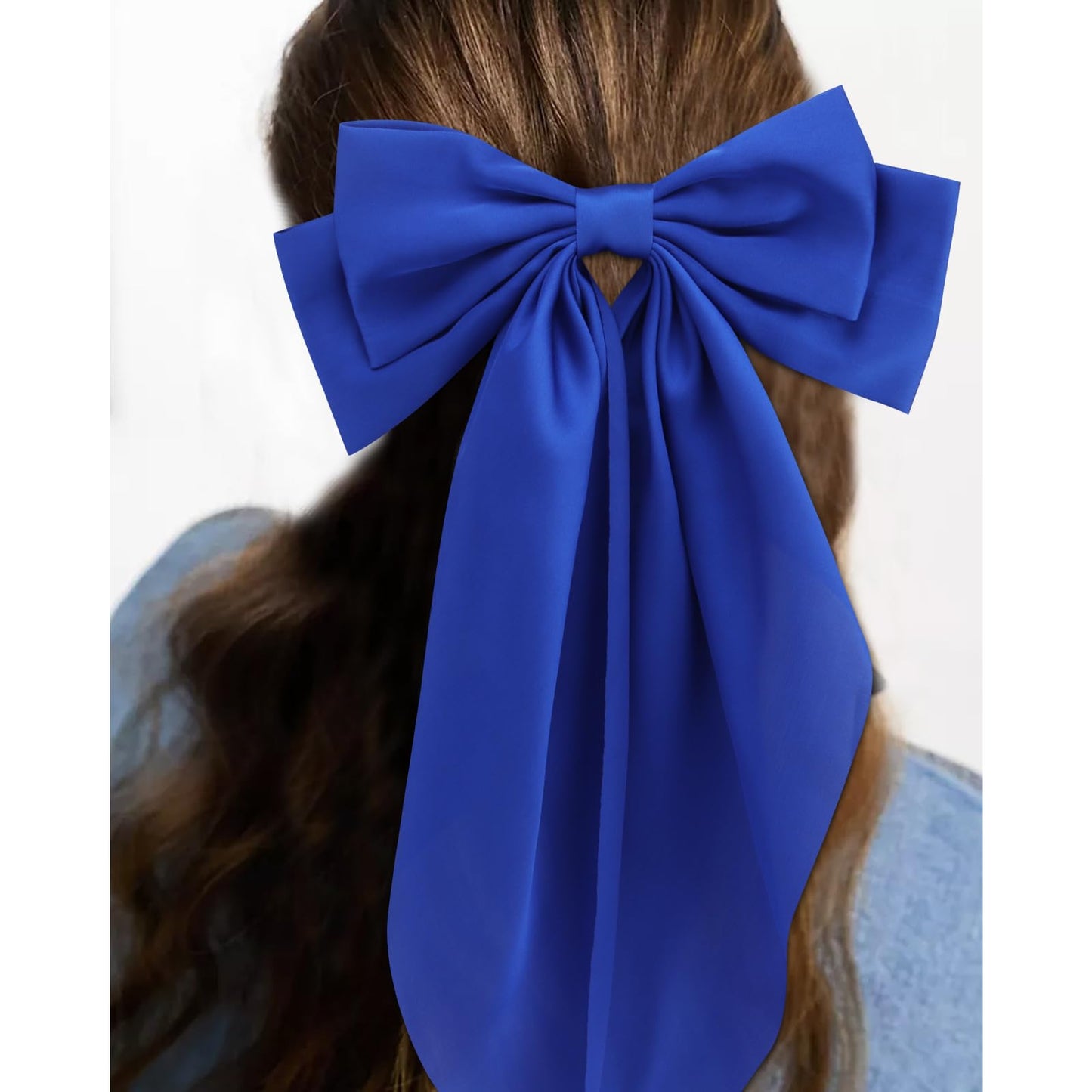 Velscrun Hair Accessories: 3Pcs Silky Satin Oversized Hair Bows and Barrettes in White, Black, and Dark Blue - Large Ribbons with Long Tails for Women and Girls
