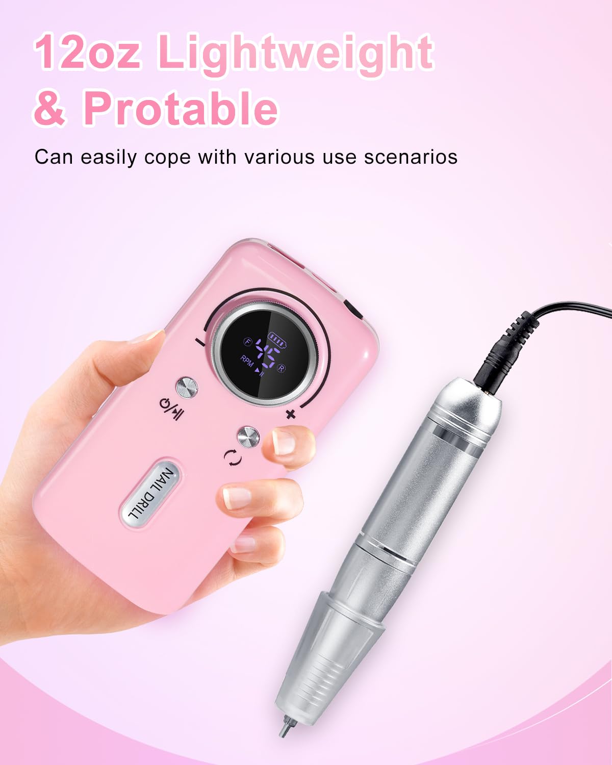 CozyZen Cordless Nail Drill Professional: 45000 RPM Rechargeable Electric Nail File Kit, Portable & Low Noise for Acrylic, Gel Nails, Manicure & Pedicure - Salon & Home Use