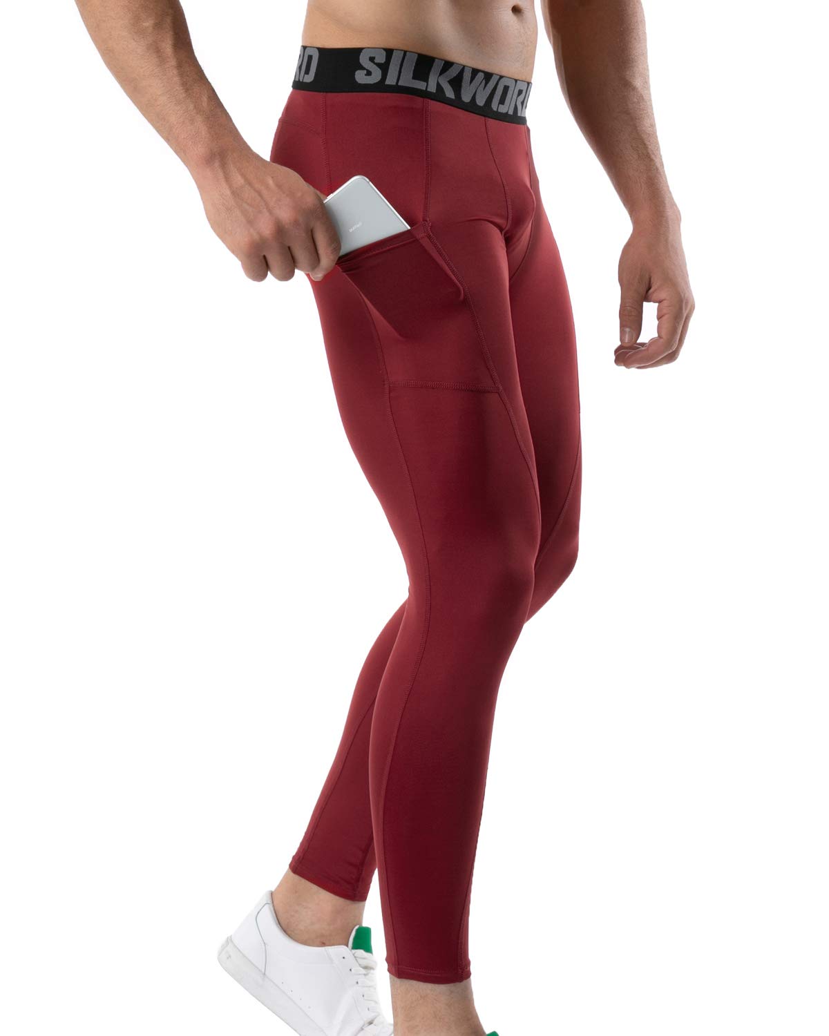 SILKWORLD Men's Compression Pants Pockets Cool Dry Athletic Leggings Baselayer Sports Running Tights (Pack of 2), 2 Pack_Black+Dark Red, XX-Large