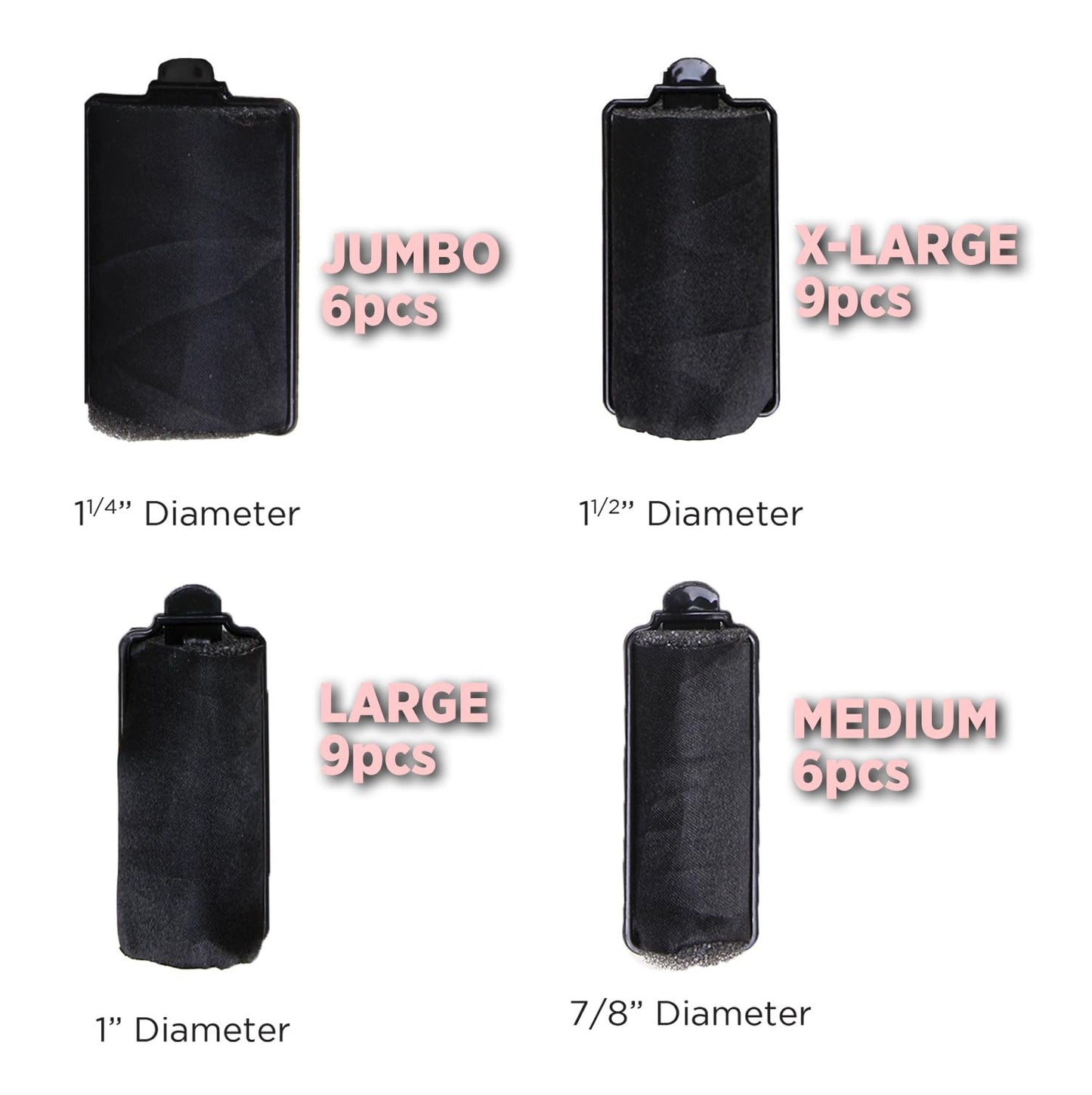 DONNA Silky Satin Foam Rollers 1.25"(D) 6PCS XL Hair Styling Heatless Curlers and Clips for Hairdressing BLACK