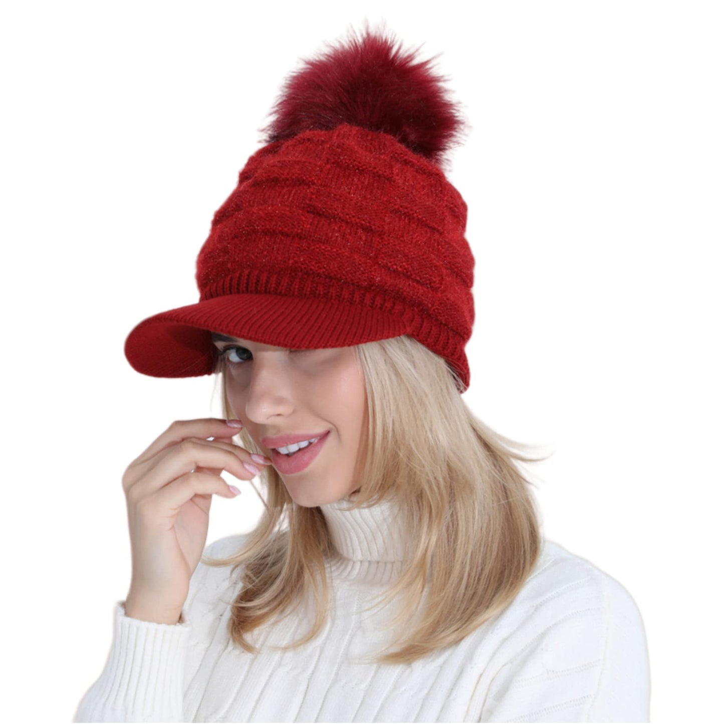 Caviotess Winter Women Girls Knitted Hats Warm Knit Snow Ski Visor Beanie Skull Cap with Faux Fur Pom Pom Ball