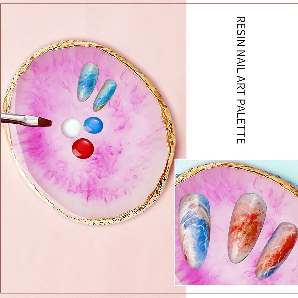 2 Pcs Resin Nail Art Palette, Nail Art Painting Mixed Color Palettes Gold Edge Nail Holder Nail Art Display Board (Purple, White)