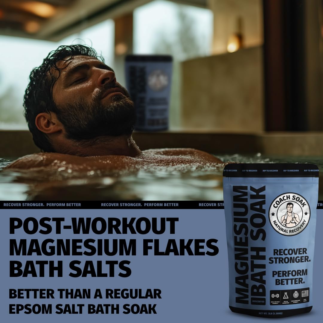 Coach Soak Recovery Bath Soak - Faster Absorption Than Epsom Salt for Pain - Rejuvenating Magnesium Flakes with 21 Minerals, Essential Oils & Bath Salts, 3lbs (Unscented)