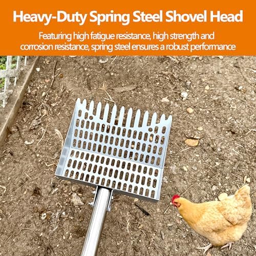 Chicken Poop Scooper Sturdy Spring Steel Chicken Coop Scoop Heavy Duty 38 to 66" Adjustable Sifting Shovel for Chicken Coop with Long Stainless Steel and Rubber Handle