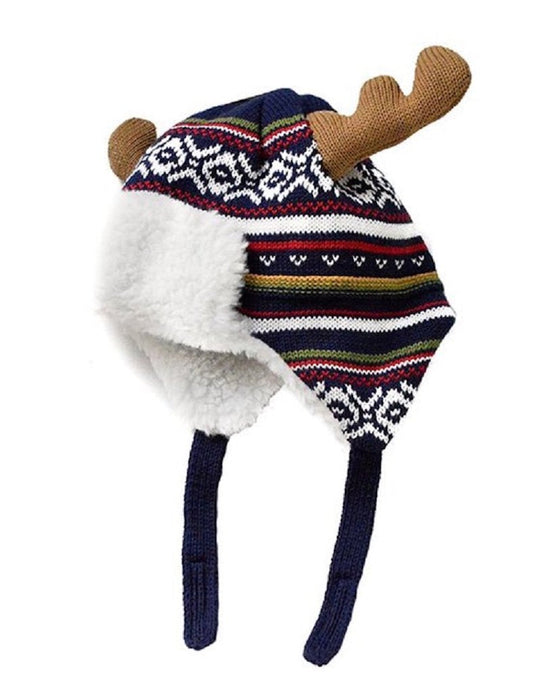Home Prefer Baby Toddler Boys Winter Hats Warm Cotton Knitted Skull Caps with Earflaps Elk Horn Hat L 2-4T Blue