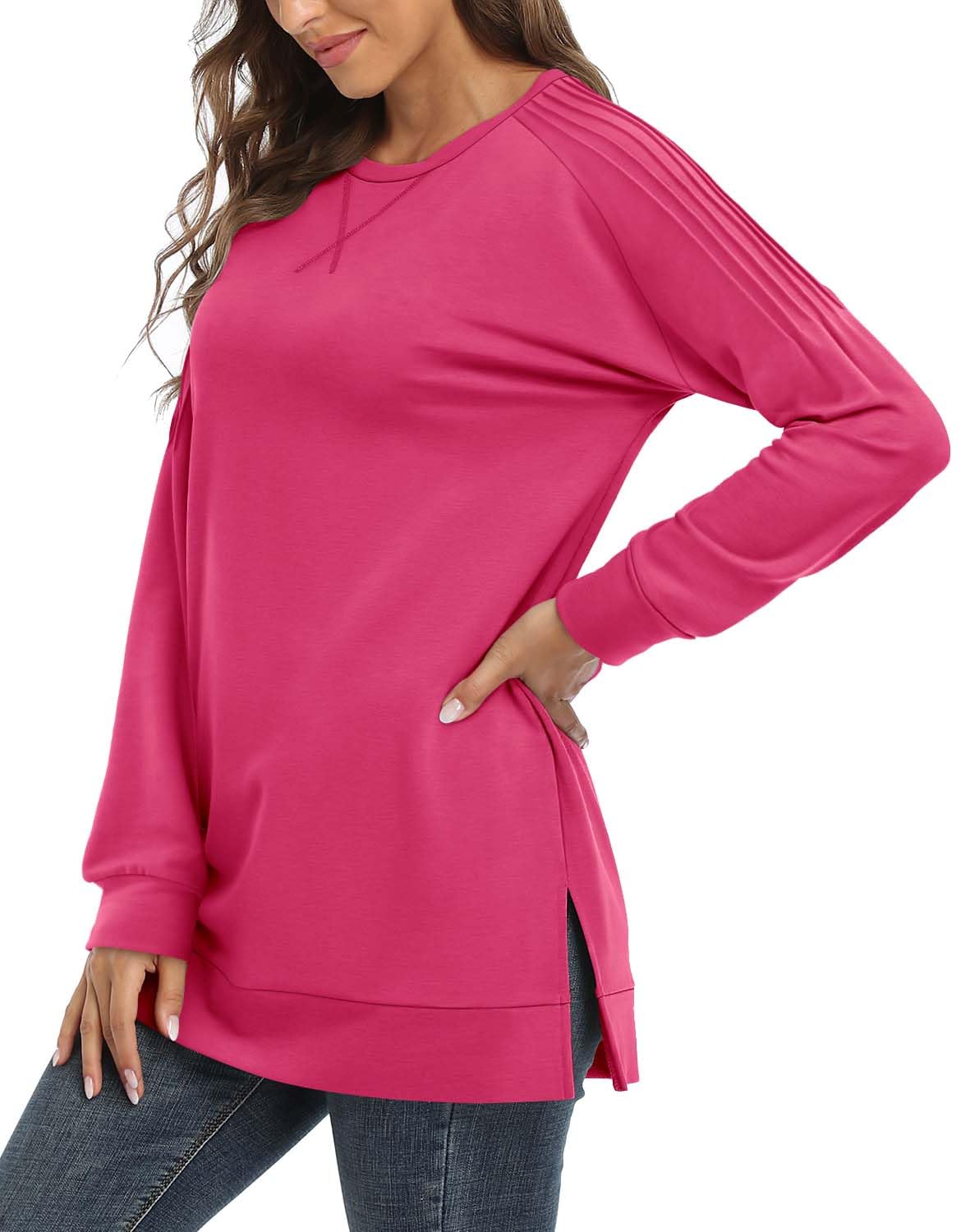 BETTE BOUTIK Plain Tunic Women Ruffle Sweatshirt Plain Basic Crewneck Sweatshirt Long Sleeve Tunic with Slits on Sides Sweatshirt Tunics for Women Rose X-Large